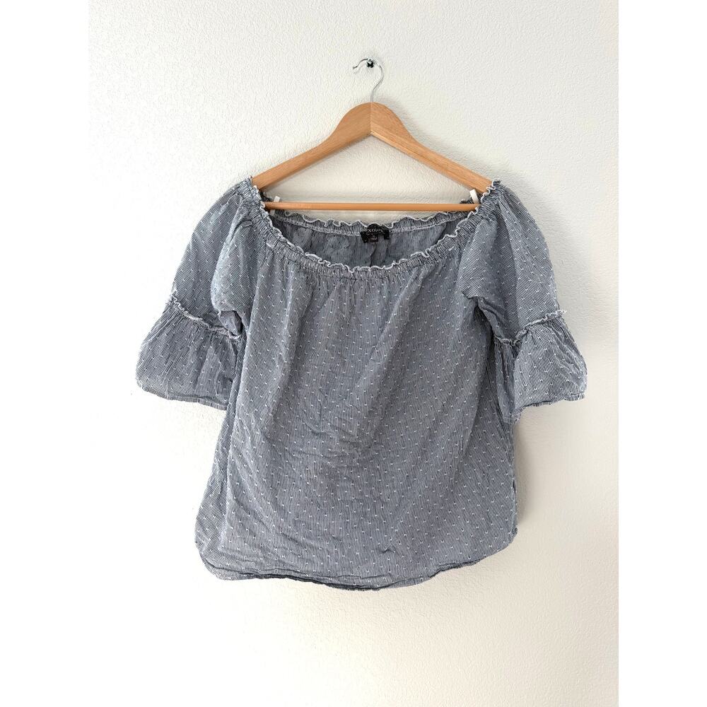 Luxology Navy Gray Striped Cotton Off Shoulder Ruffle Bell Sleeve Blouse Size M